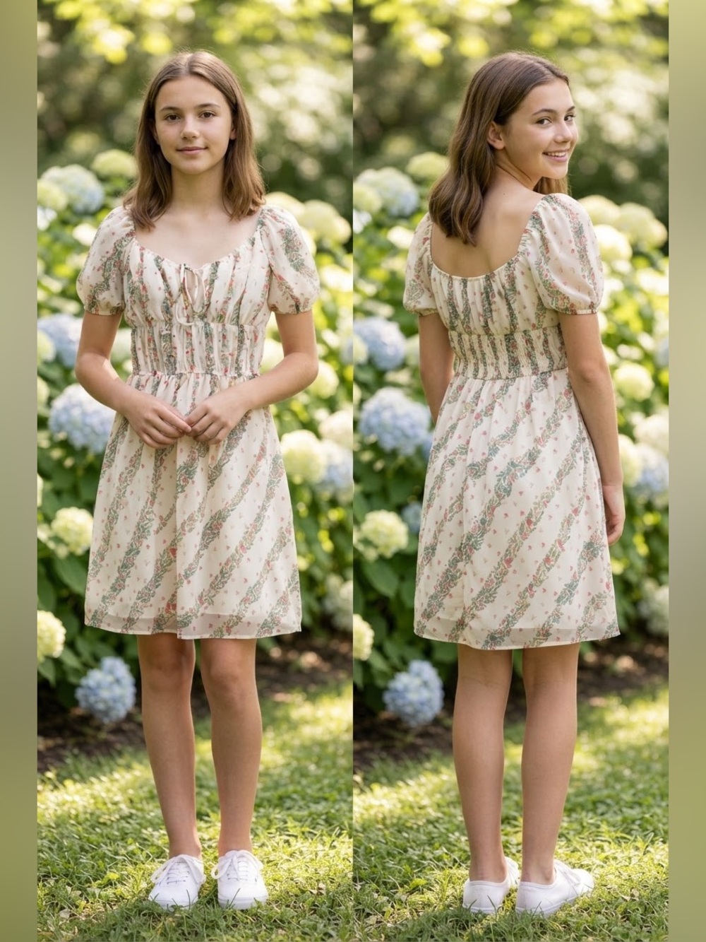 Selfie Cream Midi Dress with Pink Floral and Green Vine Print